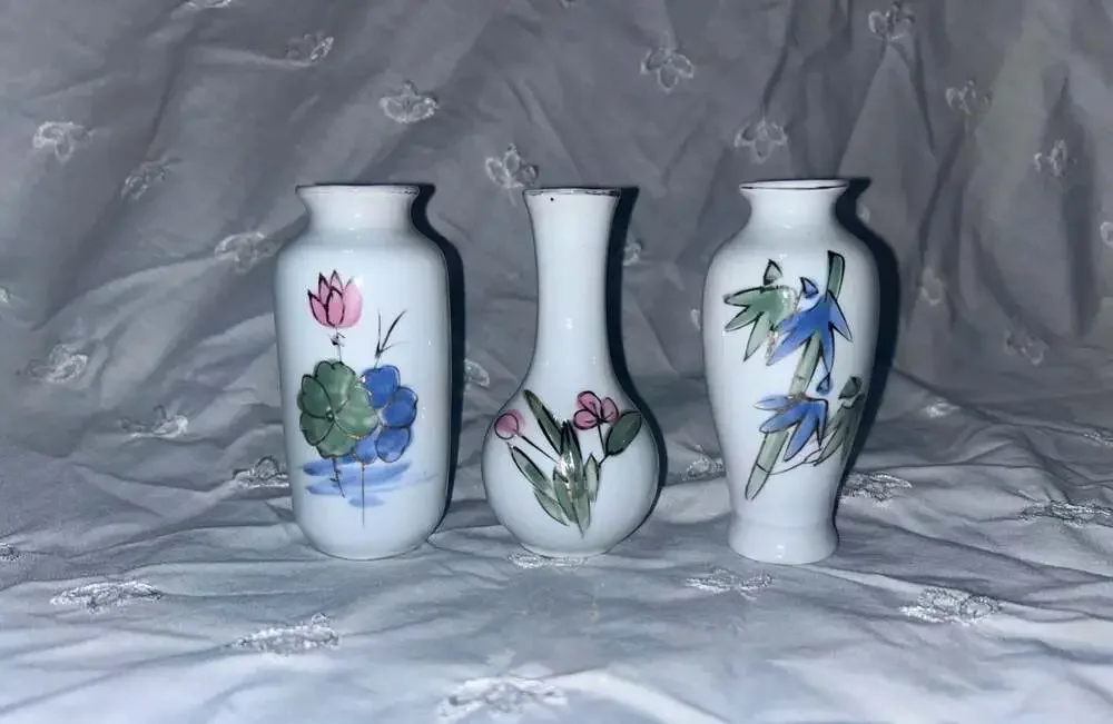 Vintage Japanese Porcelain Miniature Bud Vase 3 Hand-Painted Floral Designs
